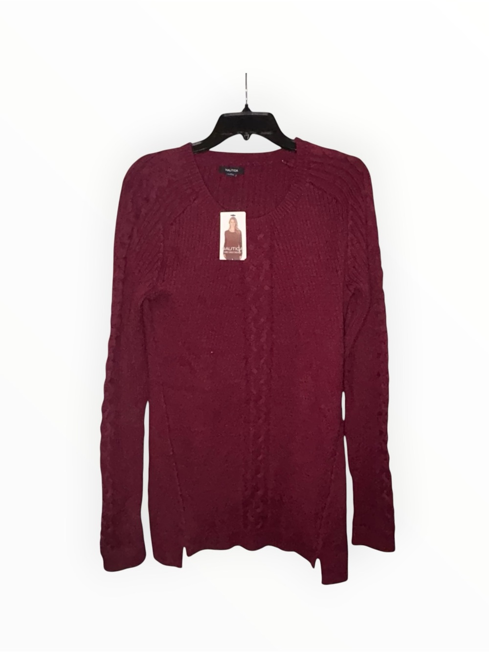 Nautica Cable Knit Tunic Sweater Cotton Womenās Large Burgundy NWT Classic